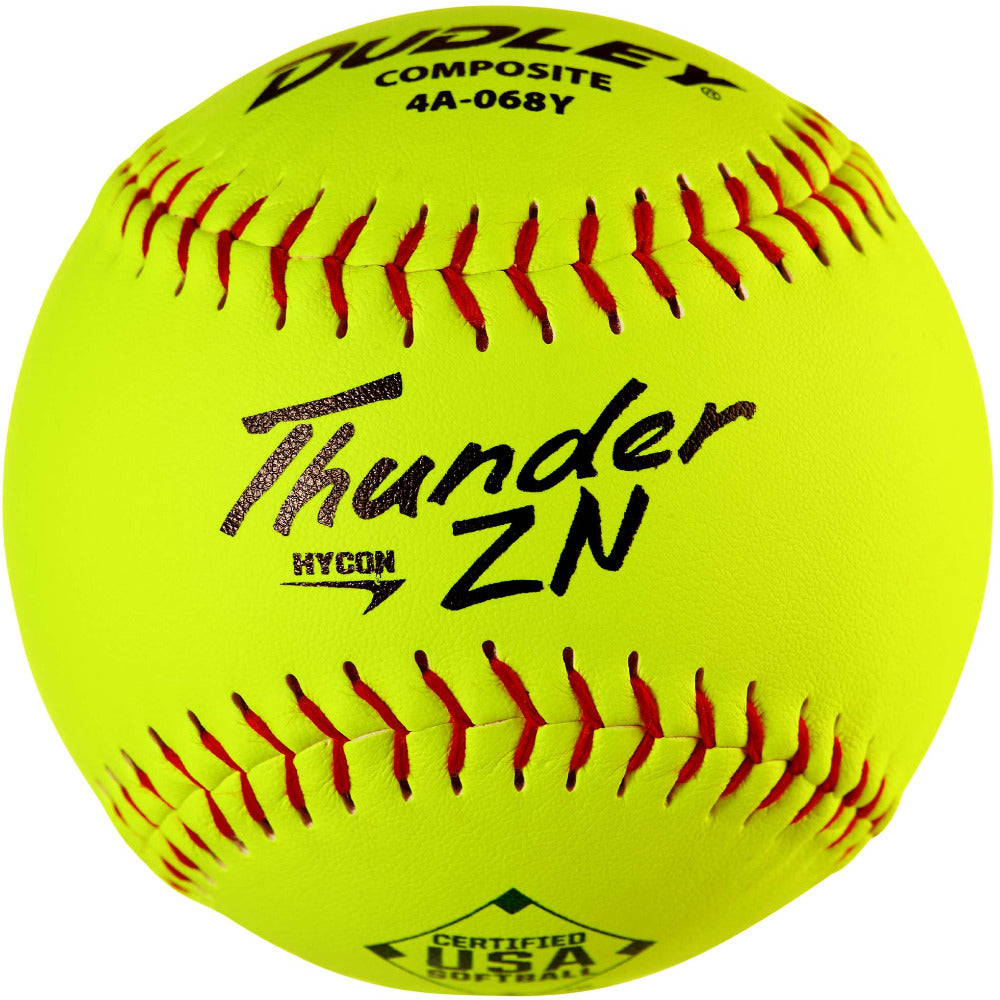 The Dudley USA/ASA Thunder ZN Hycon 12" 52/300 Composite Slowpitch Softball (4A068Y) features a bright yellow cover, red stitching, black text, certification mark, brand logo, and advanced HYCON Poly-Core Technology for peak performance.