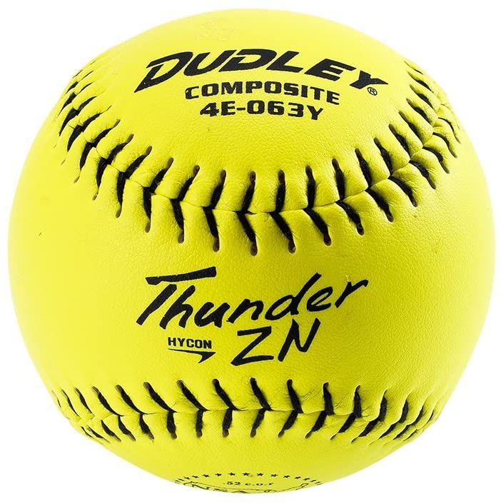 A bright yellow Dudley NSA Thunder ZN Hycon 11" 52/275 Composite Slowpitch Softball (4E063Y) features black stitching and printed text on its surface.