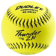 A bright yellow Dudley NSA Thunder ZN Hycon 11" 52/275 Composite Slowpitch Softball (4E063Y) features black stitching and printed text on its surface.