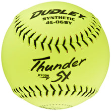 The Dudley NSA Thunder SY Hycon 12" 52/275 Synthetic Slowpitch Softball (4E069Y) features bright yellow color, black stitching, and printed text—ideal for slowpitch games. Brand: Dudley.