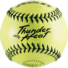 A close-up of a Dudley USED NSA 12" Leather Fastpitch Softball (12USED), featuring yellow leather, black stitching, and the iconic NSA logo.