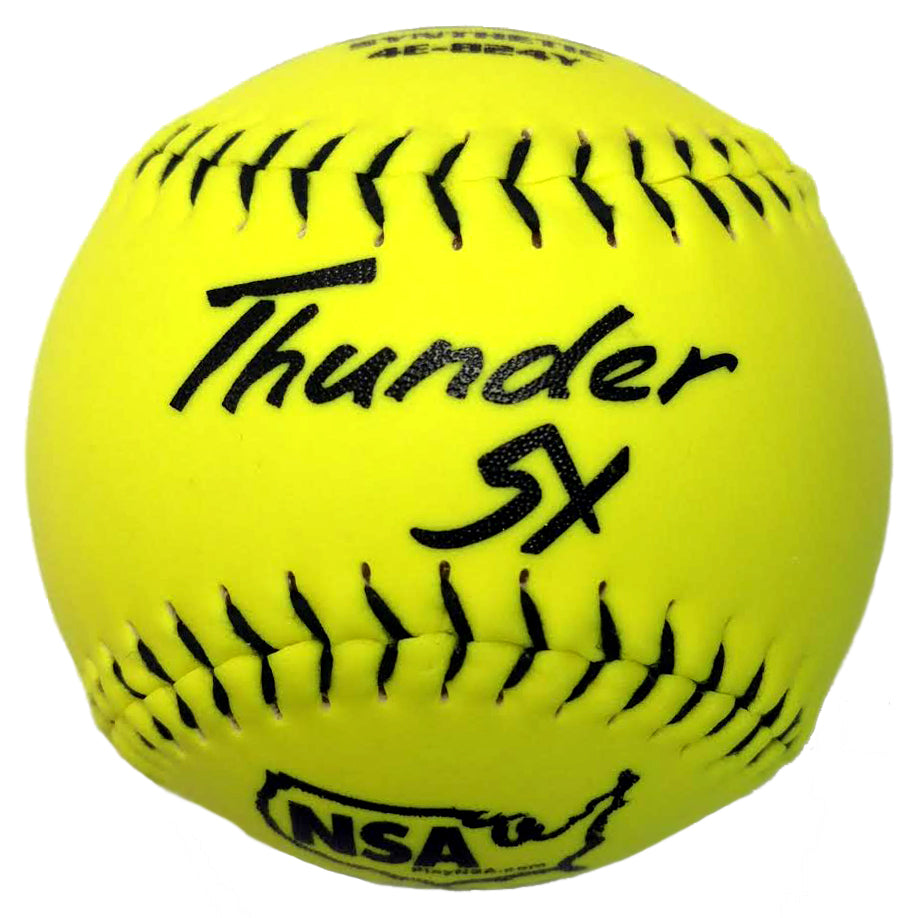 The Dudley NSA Thunder SY ICON 12" 44/400 Synthetic Slowpitch Softball (model 4E824Y) is bright yellow with black stitching, "Thunder SY" in black print, the NSA logo, and a batter outline on the lower half.