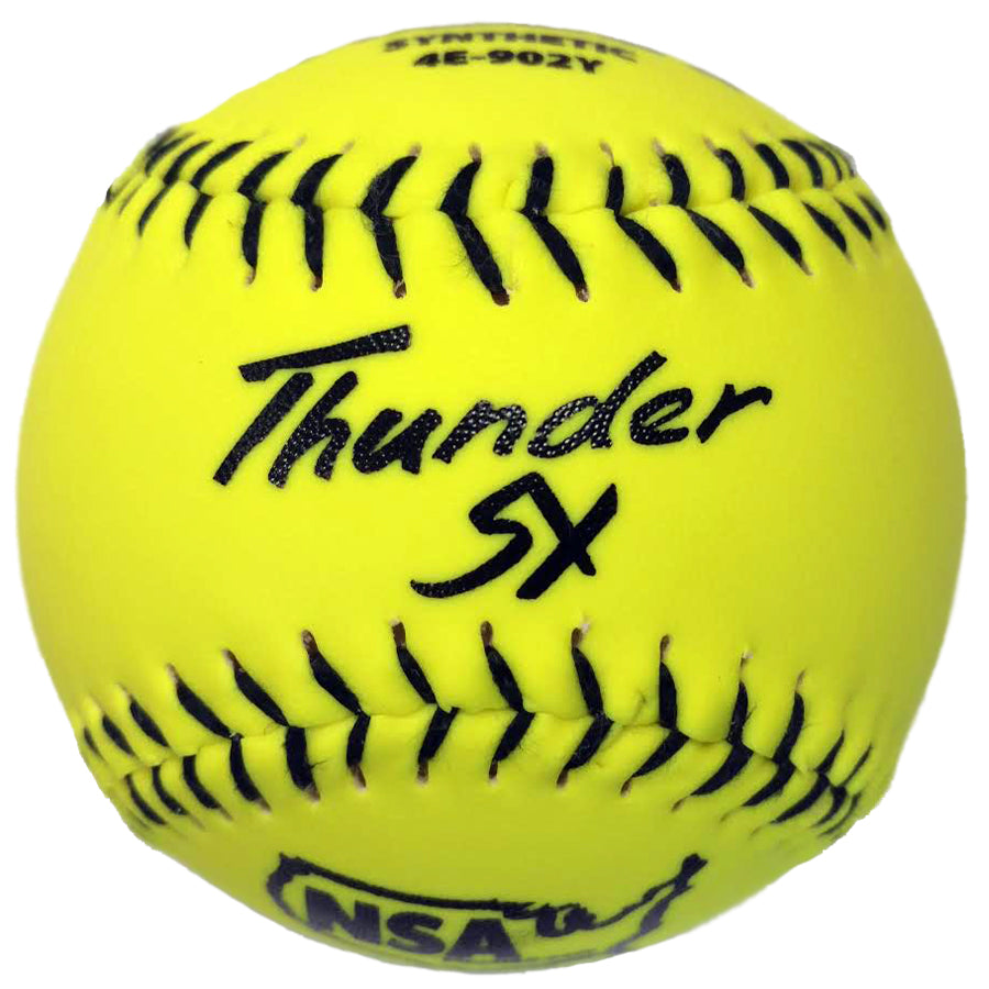 A bright yellow Dudley NSA Thunder SY ICON 11" synthetic slowpitch softball with black stitching and "Thunder SY" printed on the front. Marked with "NSA" and the Dudley logo, it's an official 44/400 softball (model: 4E902Y).