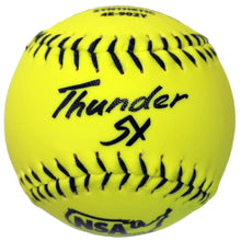 A bright yellow Dudley NSA Thunder SY ICON 11" synthetic slowpitch softball with black stitching and "Thunder SY" printed on the front. Marked with "NSA" and the Dudley logo, it's an official 44/400 softball (model: 4E902Y).