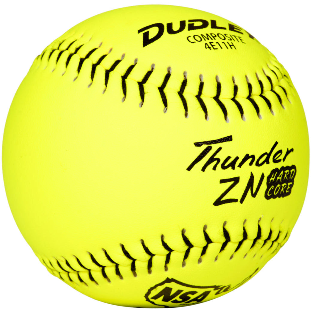 The Dudley NSA Thunder ZN Hard Core ICON 11" 44/400 Composite Slowpitch Softball (model 4E11H) features a bright yellow cover, black stitching, and printed text. Ideal for NSA slowpitch games. Brand: Dudley.