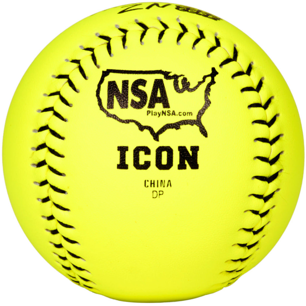The Dudley NSA Thunder ZN Hard Core ICON 11" 44/400 composite slowpitch softball features a bright yellow cover with black stitching and prints including “NSA ICON,” a U.S. outline, “PlayNSA.com,” and “CHINA DP.”.