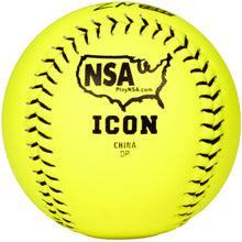 The Dudley NSA Thunder ZN Hard Core ICON 11" 44/400 composite slowpitch softball features a bright yellow cover with black stitching and prints including “NSA ICON,” a U.S. outline, “PlayNSA.com,” and “CHINA DP.”.