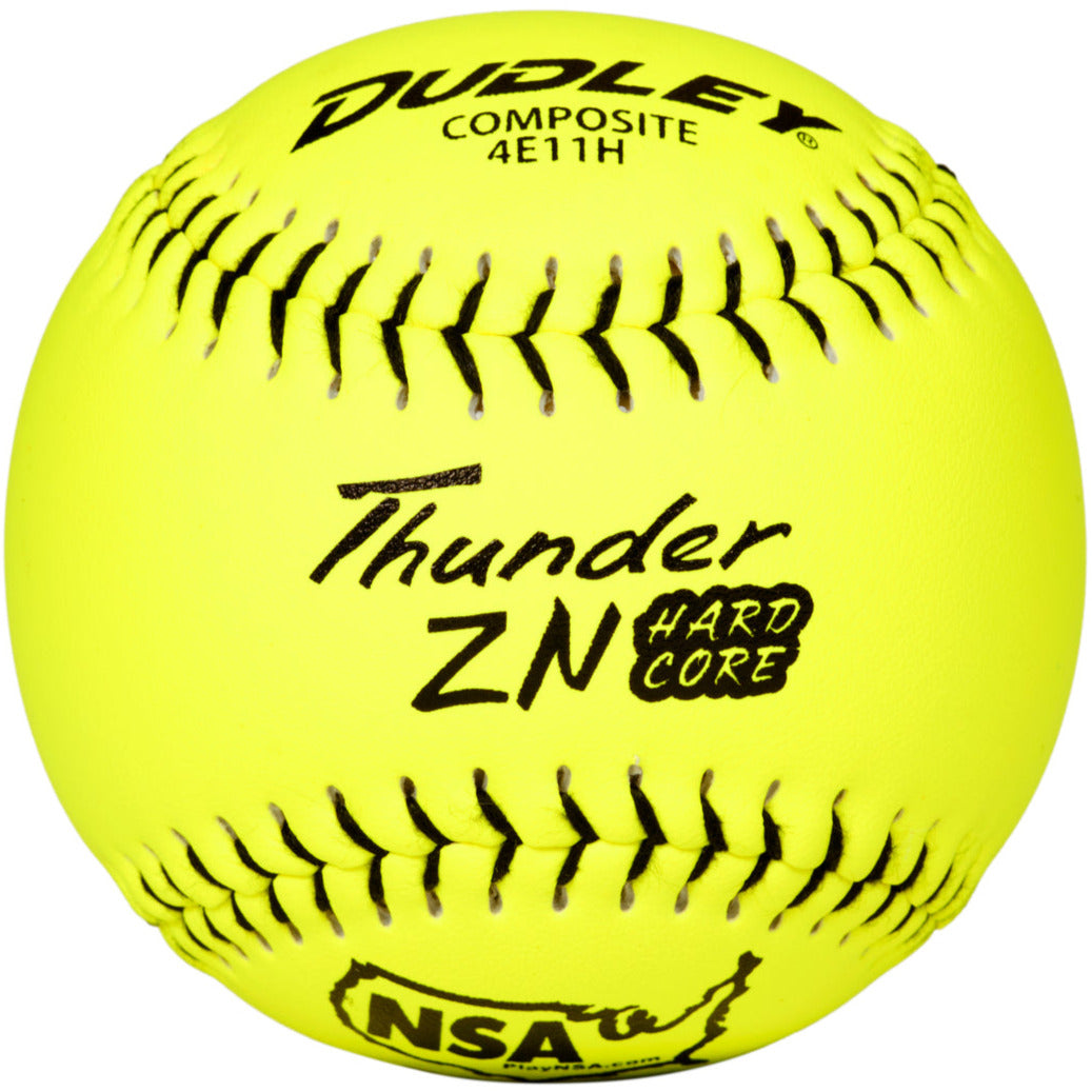 The Dudley NSA Thunder ZN Hard Core ICON 11" 44/400 yellow composite slowpitch softball features black stitching and printed text, ideal for NSA games. Brand: Dudley. Model: 4E11H.