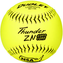 The Dudley NSA Thunder ZN Hard Core ICON 11" 44/400 yellow composite slowpitch softball features black stitching and printed text, ideal for NSA games. Brand: Dudley. Model: 4E11H.
