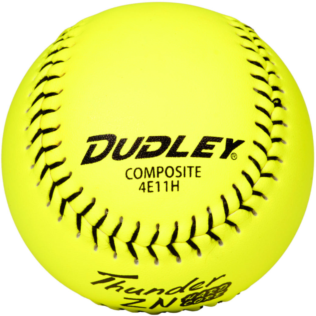 The Dudley NSA Thunder ZN Hard Core ICON 11" 44/400 Composite Slowpitch Softball (4E11H) is a bright yellow ball with black stitching and printed Dudley branding, approved for NSA slowpitch softball.