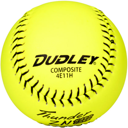 The Dudley NSA Thunder ZN Hard Core ICON 11" 44/400 Composite Slowpitch Softball (4E11H) is a bright yellow ball with black stitching and printed Dudley branding, approved for NSA slowpitch softball.