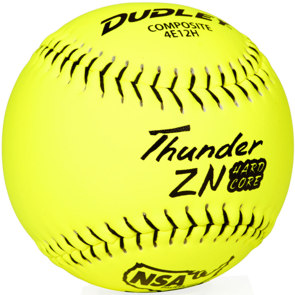 The Dudley NSA Thunder ZN Hard Core ICON 12" 44/400 Composite Slowpitch Softball (model 4E12H) features bright yellow cover, visible stitching, black text, and is ideal for NSA slowpitch softball games. Brand: Dudley.