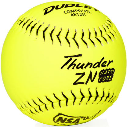 The Dudley NSA Thunder ZN Hard Core ICON 12" 44/400 Composite Slowpitch Softball (model 4E12H) features bright yellow cover, visible stitching, black text, and is ideal for NSA slowpitch softball games. Brand: Dudley.