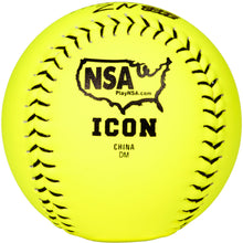 The Dudley NSA Thunder ZN Hard Core ICON 12" 44/400 Composite Slowpitch Softball (4E12H) features a bright yellow cover, black stitching, and NSA logo—perfect for NSA slowpitch games. Brand: Dudley.