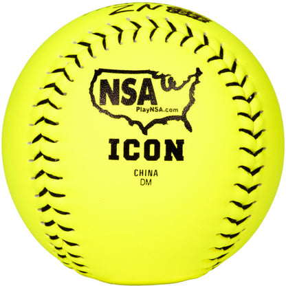 The Dudley NSA Thunder ZN Hard Core ICON 12" 44/400 Composite Slowpitch Softball (4E12H) features a bright yellow cover, black stitching, and NSA logo—perfect for NSA slowpitch games. Brand: Dudley.