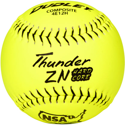 The Dudley NSA Thunder ZN Hard Core ICON 12" 44/400 composite slowpitch softball (4E12H) features bright yellow cover, black stitching, bold logos, and is NSA approved—ideal for slowpitch games.