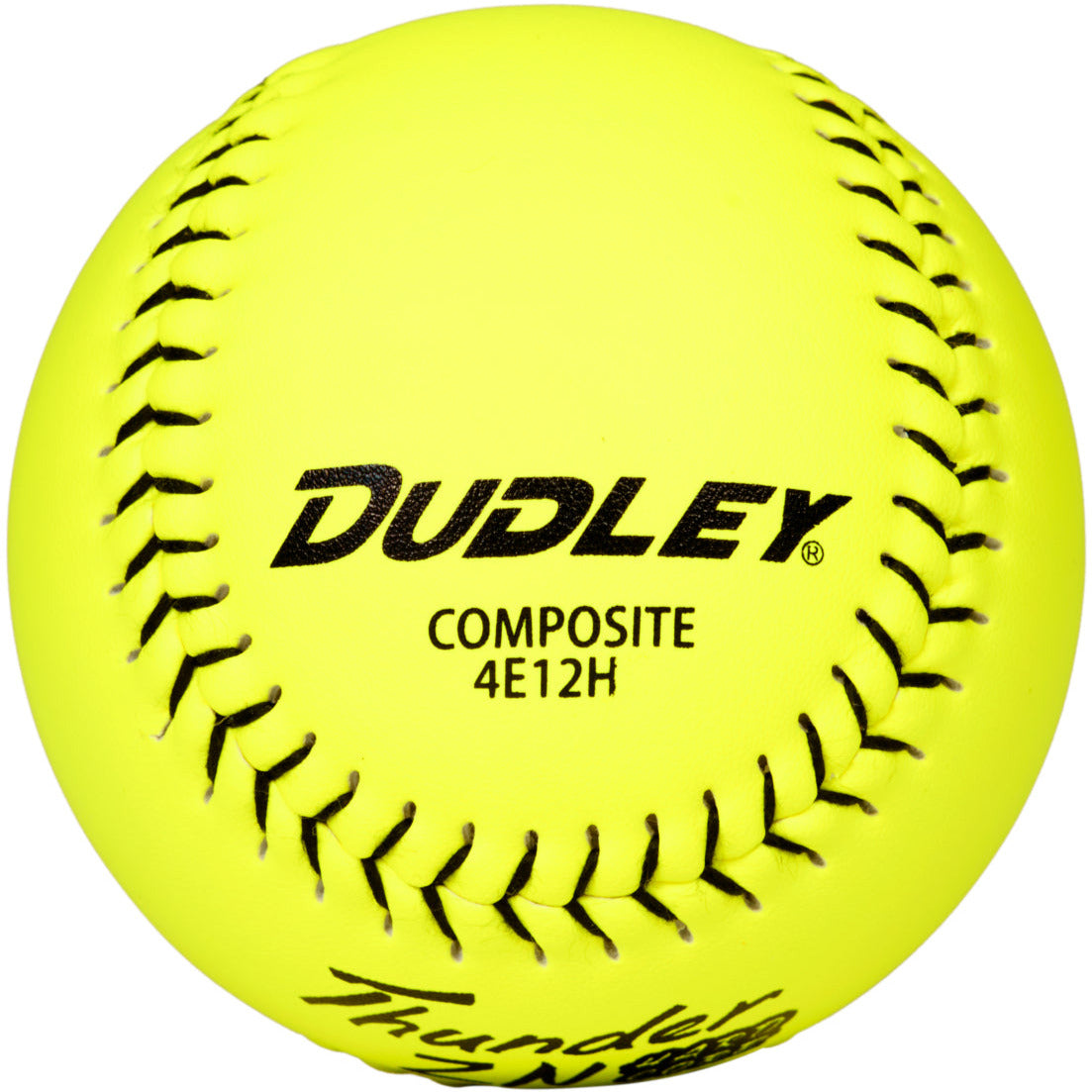 The Dudley NSA Thunder ZN Hard Core ICON 12" 44/400 Composite Slowpitch Softball (4E12H) features a bright yellow cover, black stitching, and printed branding—perfect for NSA slowpitch games.