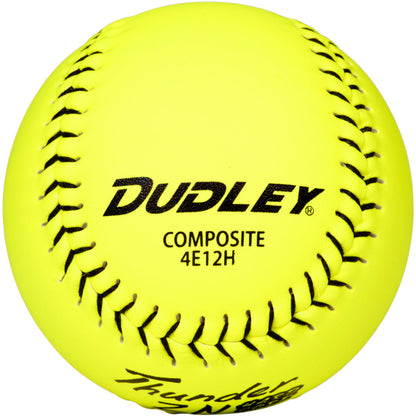 The Dudley NSA Thunder ZN Hard Core ICON 12" 44/400 Composite Slowpitch Softball (4E12H) features a bright yellow cover, black stitching, and printed branding—perfect for NSA slowpitch games.