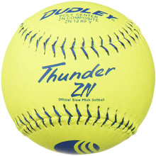 A Dudley USSSA Thunder ZN Classic M 12" 40/325 yellow softball (model 4U540Y) with blue writing.