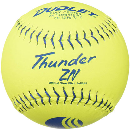 A Dudley USSSA Thunder ZN Classic M 12" 40/325 yellow softball (model 4U540Y) with blue writing.