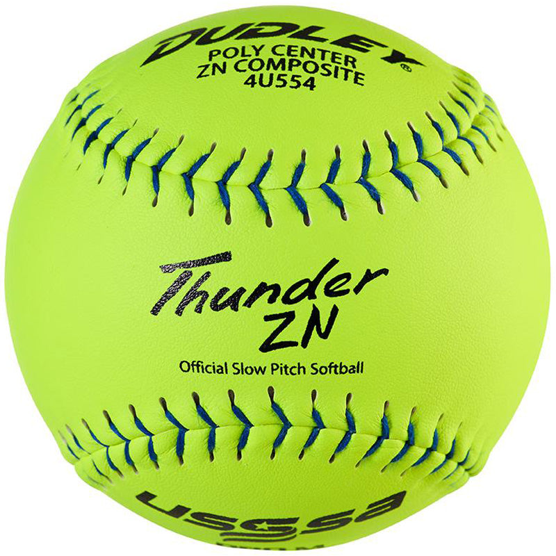 A bright yellow Dudley USSSA Thunder ZN Pro M 12" 44/375 composite slowpitch softball (model 4U554) with blue stitching and black text reading "Thunder ZN," "Official Slow Pitch Softball," and product details on the surface.