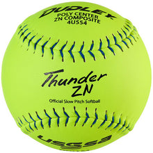 A bright yellow Dudley USSSA Thunder ZN Pro M 12" 44/375 composite slowpitch softball (model 4U554) with blue stitching and black text reading "Thunder ZN," "Official Slow Pitch Softball," and product details on the surface.