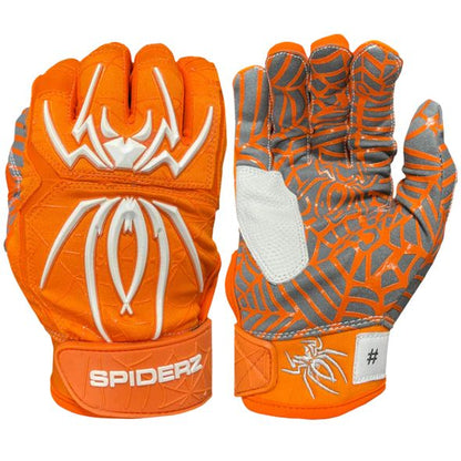 The Spiderz HYBRID Adult Batting Gloves by Spiderz feature a bright orange design with a white spider logo on the back, plus gray web patterns and a white grip patch on the palm for maximum swing control.