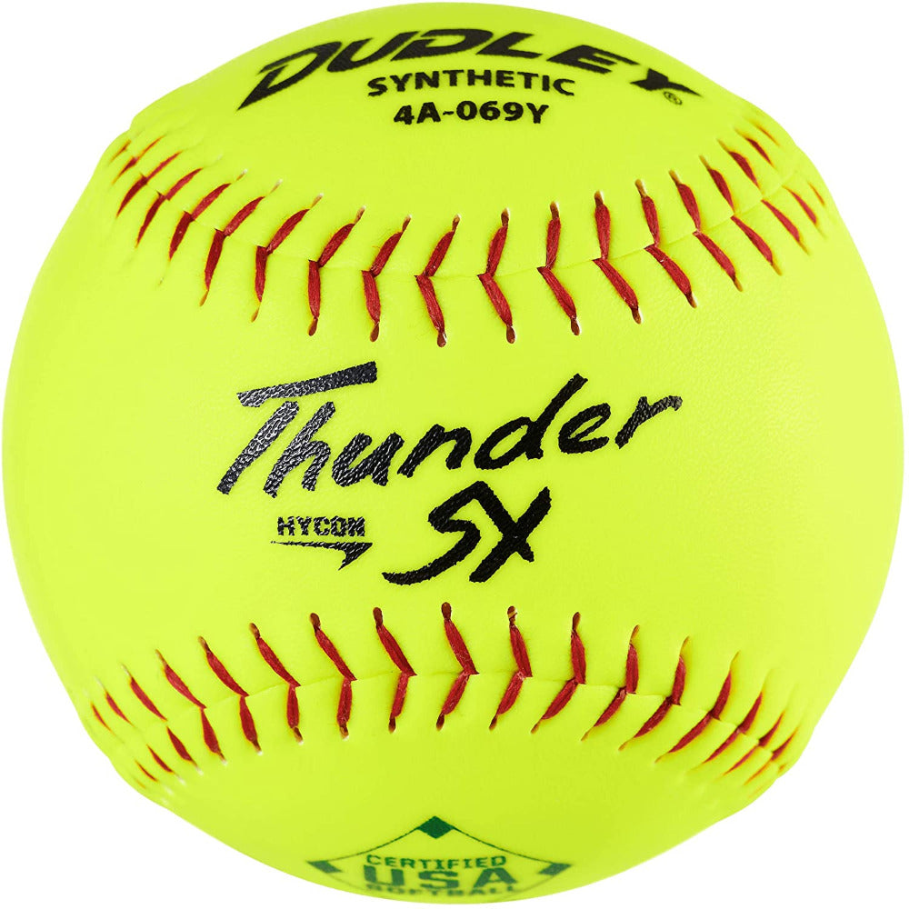 The Dudley ASA Thunder SY Hycon 12" 52/300 Synthetic Slowpitch Softball (4A069Y) features a bright yellow synthetic cover, red stitching, black and green printed branding, and certification logos.