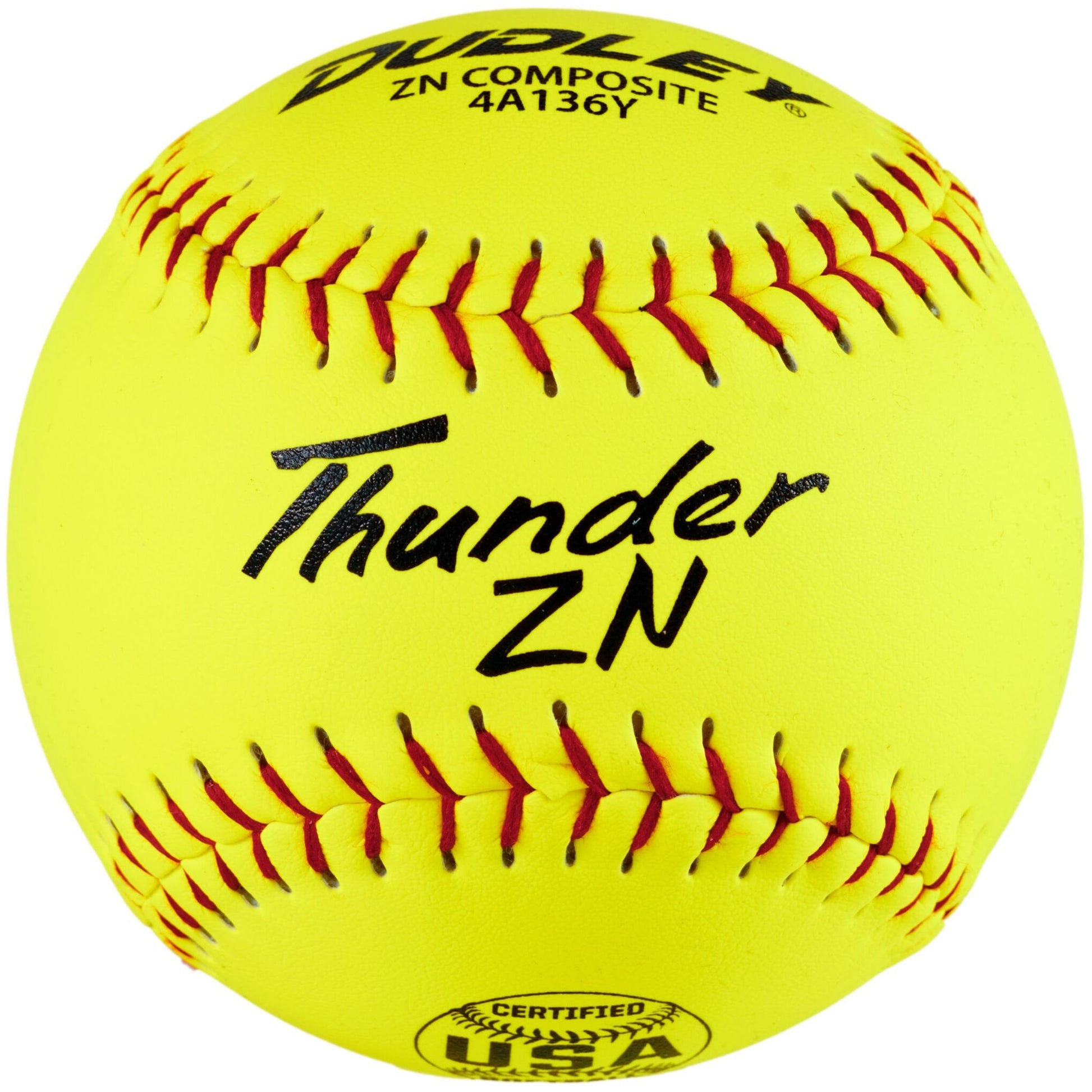 A bright yellow Dudley USA/ASA Thunder ZN Hycon 12" 44/375 Composite Slowpitch Softball (4A136Y) with a composite cover, red stitching, black “Thunder ZN” text, and certification markings.