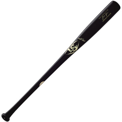 The Louisville Slugger MLB Prime Signature Series CY22 Christian Yelich Game Model Wood Bat (WBL2435010) features a black finish with a gold logo, inspired by the bat used by MLB star Christian Yelich.