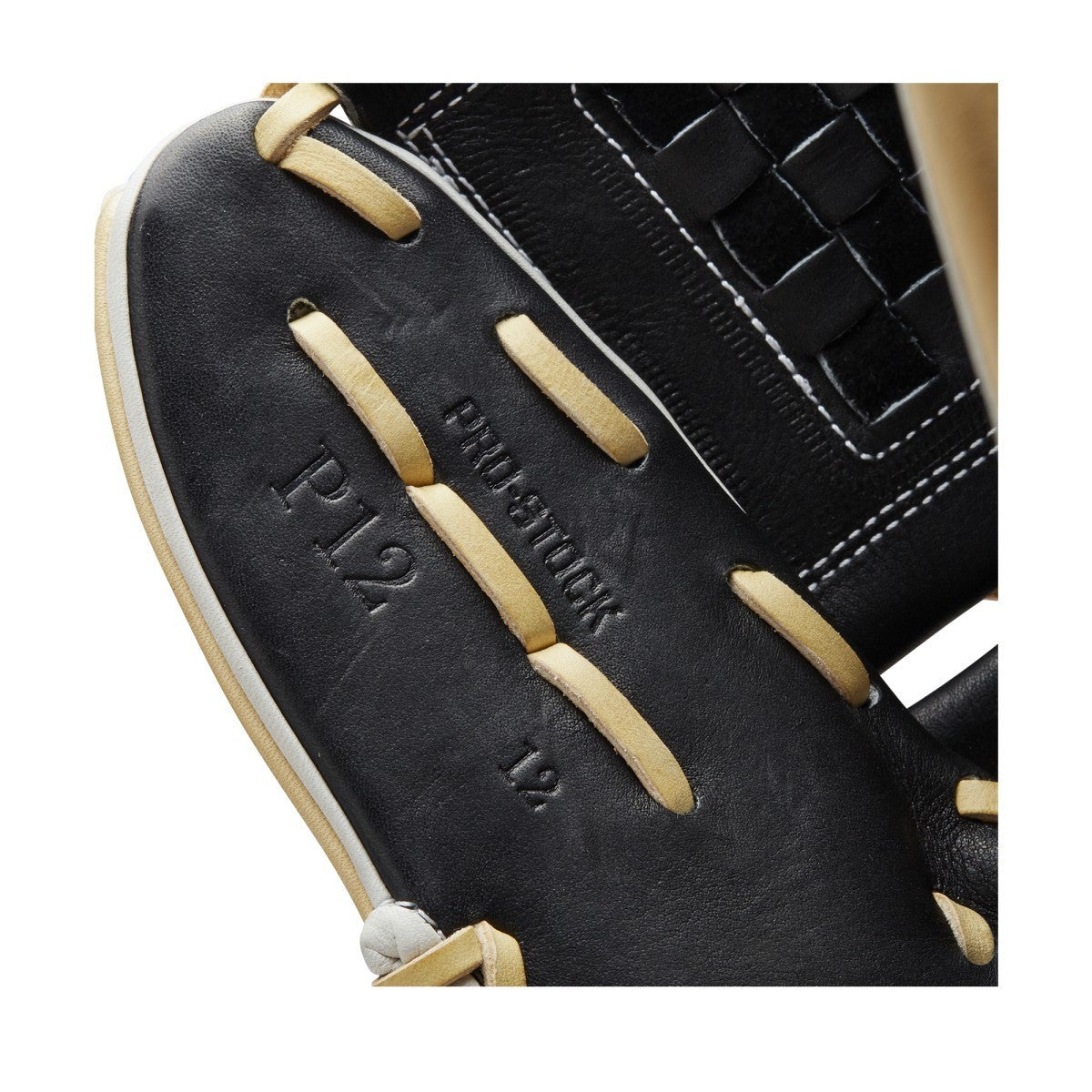 Close-up of a Wilson A2000 P12 12" Fastpitch Glove (WBW10043912) in black with tan laces, featuring "P12" and "PRO STOCK" embossed on the palm, white stitching, woven detailing, and Pro Stock leather construction.