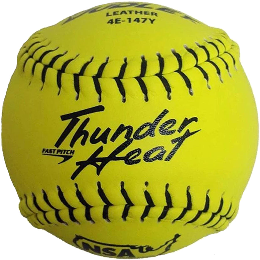 The Dudley NSA Thunder Heat 12" 47/375 Leather Fastpitch Softball (4E147Y) features bright yellow leather, black stitching, and “Thunder Heat” plus “Fast Pitch” markings—ideal for NSA fastpitch games. Brand: Dudley.