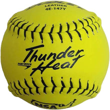 The Dudley NSA Thunder Heat 12" 47/375 Leather Fastpitch Softball (4E147Y) features bright yellow leather, black stitching, and “Thunder Heat” plus “Fast Pitch” markings—ideal for NSA fastpitch games. Brand: Dudley.