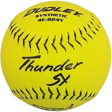 A bright yellow Dudley NSA Thunder SY ICON 12" 44/400 synthetic slowpitch softball (model 4E824Y) features bold black stitching and printed brand and model details on its surface.