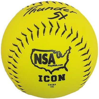 The Dudley NSA Thunder SY ICON 12" 44/400 Synthetic Slowpitch Softball (4E824Y) features a bright yellow cover, black stitching, and markings such as Thunder SX, NSA, PlayNSA.com, ICON, and more—ideal for slowpitch play.