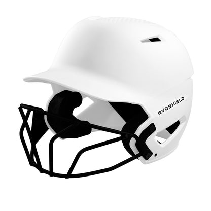 The EvoShield XVT Matte Batting Helmet with Fastpitch Mask (WTV7135) features a white matte finish, black metal mask, vent openings, ear protection, and NOCSAE-certified safety—providing secure protection on the field. Brand: EvoShield.