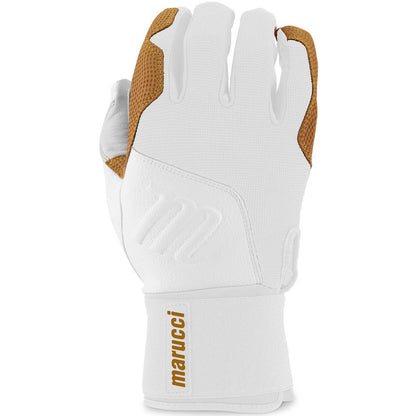 A pair of Marucci Blacksmith Adult Batting Gloves (MBGBKSMFW) in white and tan with a textured brown upper finger area, Marucci logo on the wrist strap, and a goatskin palm is shown with the palm side facing away.