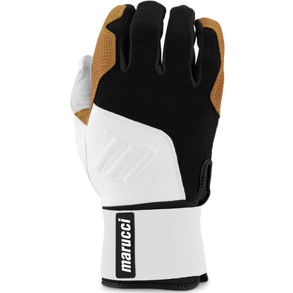 The Marucci Blacksmith Adult Batting Gloves (MBGBKSMFW) feature a black and white design with a durable goatskin palm, making them ideal for training or use as Blacksmith Batting Gloves.