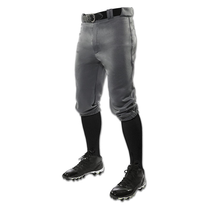 The Champro Sports Youth Triple Crown Knicker Baseball Pants (BP10Y) in gray are displayed on a mannequin from the waist down with a black belt, socks, and cleats, set against a white background.