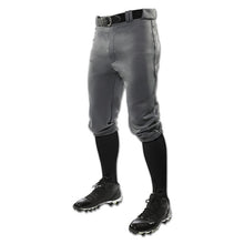 The Champro Sports Youth Triple Crown Knicker Baseball Pants (BP10Y) in gray are displayed on a mannequin from the waist down with a black belt, socks, and cleats, set against a white background.