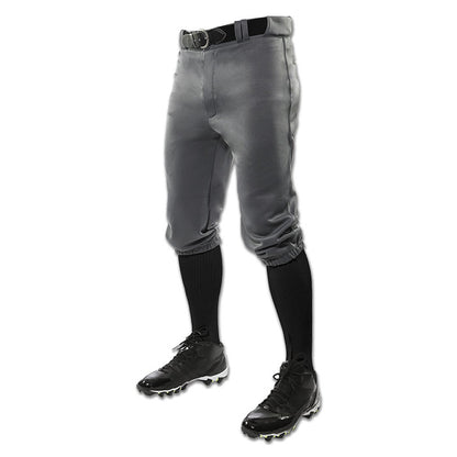 The Champro Sports Youth Triple Crown Knicker Baseball Pants (BP10Y) in gray are displayed on a mannequin from the waist down with a black belt, socks, and cleats, set against a white background.