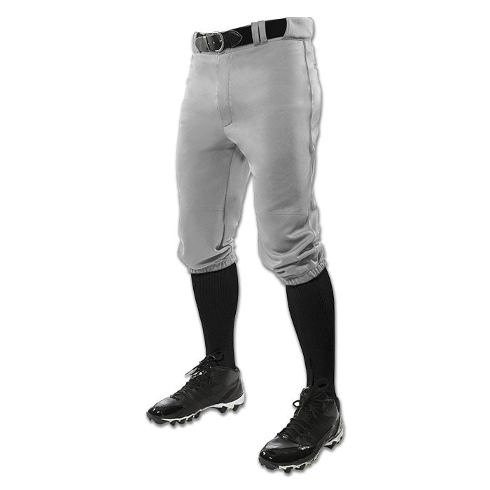 The Champro Youth Triple Crown Knicker Baseball Pants (BP10Y) by Champro Sports are shown in gray pro-weight fabric with a black belt, black knee-high socks, and black cleats on a mannequin against a white background.