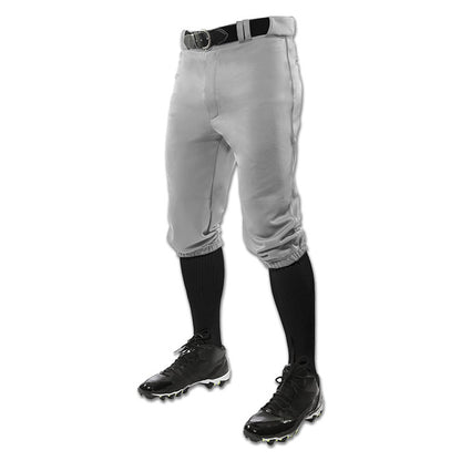 The Champro Youth Triple Crown Knicker Baseball Pants (BP10Y) by Champro Sports are shown in gray pro-weight fabric with a black belt, black knee-high socks, and black cleats on a mannequin against a white background.