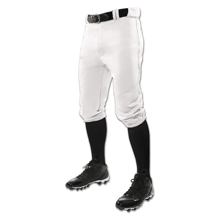 Champro Sports Champro Youth Triple Crown Knicker Baseball Pants (BP10Y) in white, shown with a black belt, knee-high socks, and cleats. The cropped waist-down view is set against a plain white background.