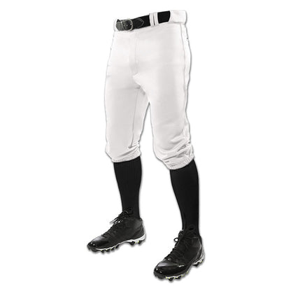 Champro Sports Champro Youth Triple Crown Knicker Baseball Pants (BP10Y) in white, shown with a black belt, knee-high socks, and cleats. The cropped waist-down view is set against a plain white background.