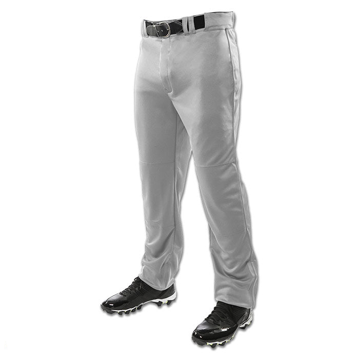 A person wears Champro Adult Triple Crown Open Bottom Baseball Pants (BP9UA) by Champro Sports, paired with a black belt and black cleats, shown waist down against a white background.