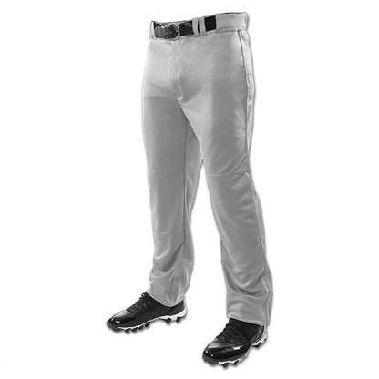 A person wears Champro Adult Triple Crown Open Bottom Baseball Pants (BP9UA) by Champro Sports, paired with a black belt and black cleats, shown waist down against a white background.