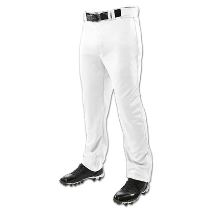 A person models Champro Sports Champro Adult Triple Crown Open Bottom Baseball Pants (BP9UA), paired with a black belt and cleats, against a white background. The image, cropped at the waist, showcases only the lower half of the body.