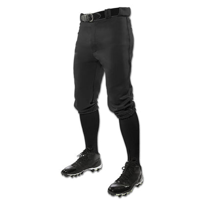 A person wears Champro Sports Youth Triple Crown Knicker Baseball Pants (BP10Y) in black, with matching knee-high socks, cleats, and belt, standing against a white background. The image is cropped at the waist and below the shoulders.