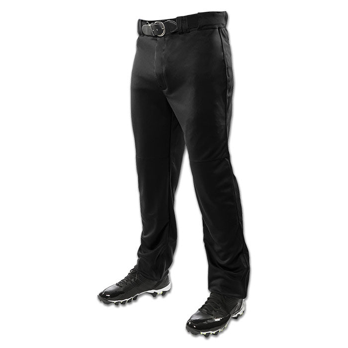 A person wears Champro Sports Champro Youth Triple Crown Open Bottom Baseball Pants (BP9UY) with a black belt and cleats, standing against a white background. The pants feature durable double knit fabric.